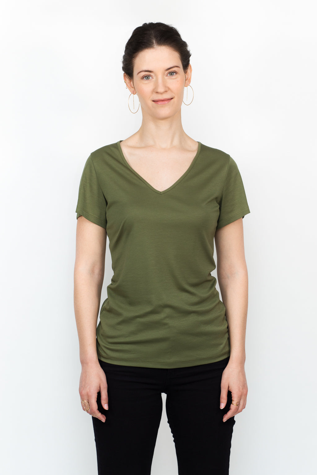 Olive green v neck hot sale shirt